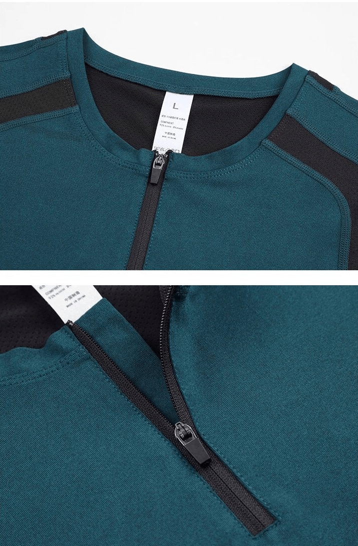 Close-up of teal men's zip-up athletic top with black accents and round neck, perfect for quick-drying performance and style.