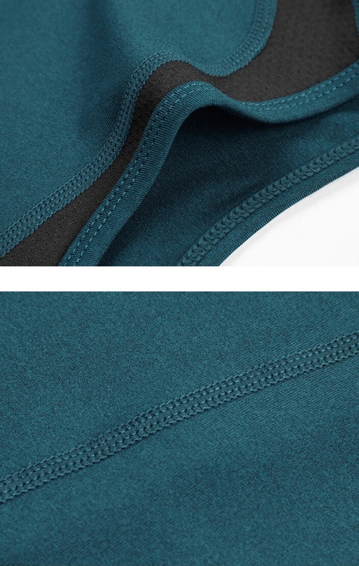 Close-up of teal quick-drying men's tank top fabric showing stitching and material details