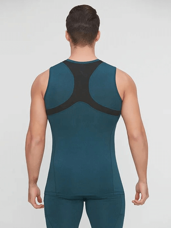 Back view of a man wearing a tight quick-drying sporty men's tank top for running and fitness, made of 100% polyester.