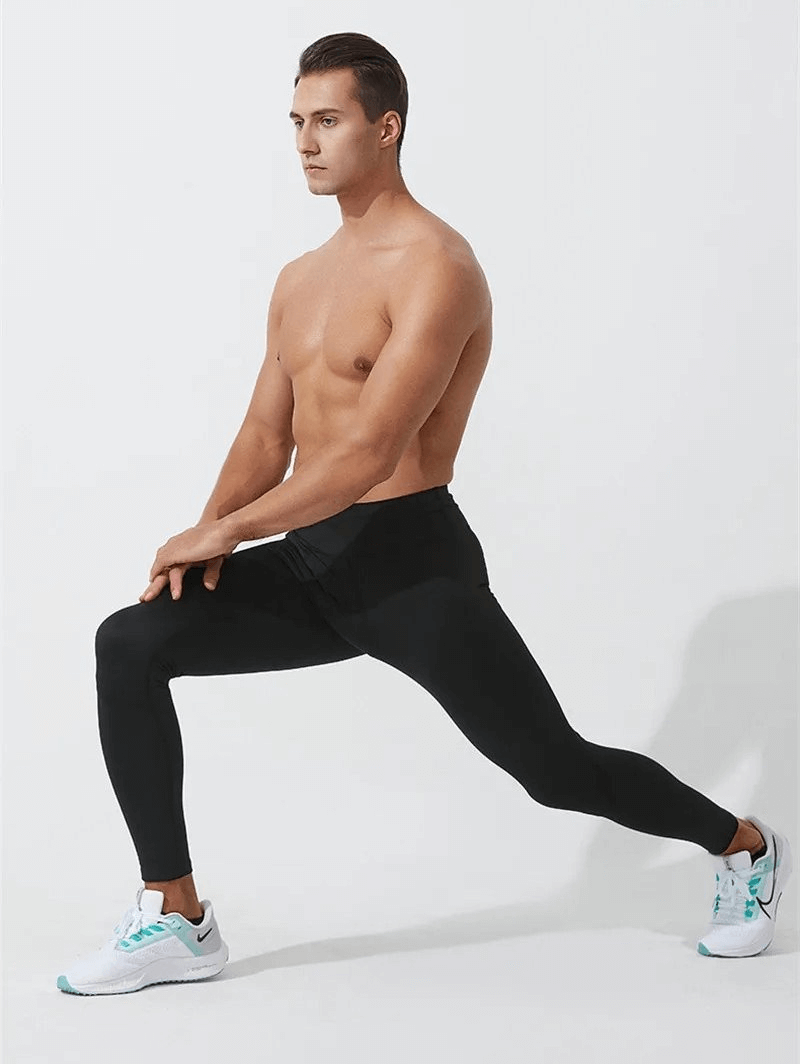 Man stretching in tight sporty leggings with back pocket, perfect for running and sports, made from nylon and polyester for comfort and support.