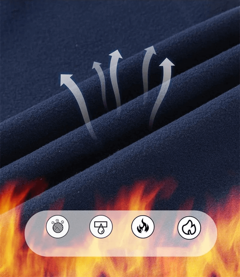Navy blue fabric of men's leggings illustrating breathability and thermal icons, showcasing high performance material properties.