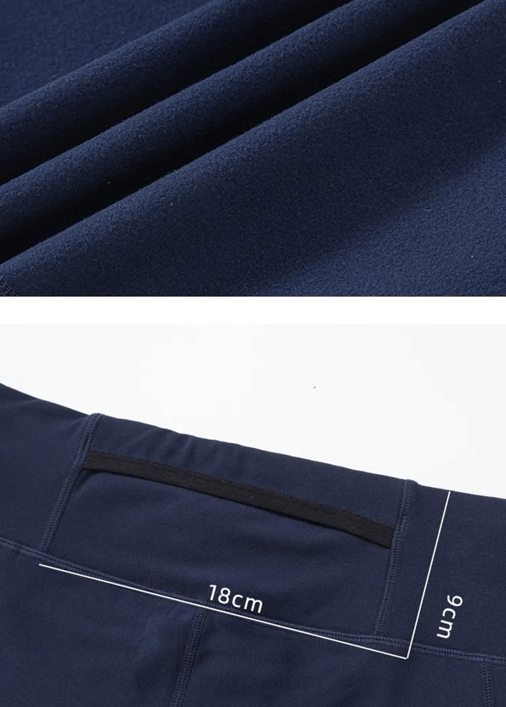 Close-up of stretchy navy fabric and back pocket details of men's sporty leggings, showcasing 18cm width for storage.