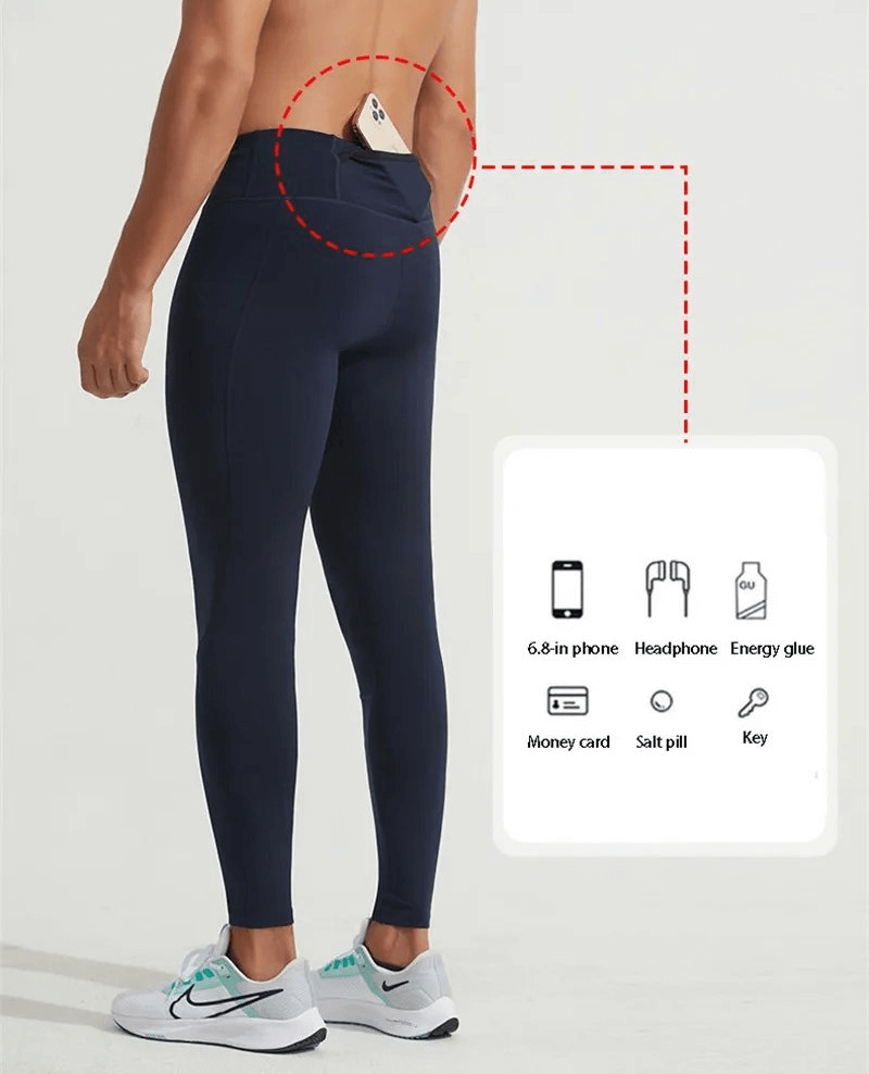 Tight sporty men's leggings with back pocket holding a 6.8-inch phone. Ideal for running, made of durable nylon and polyester.