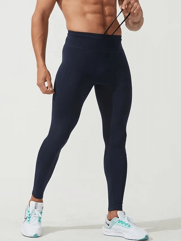 Tight Sporty Men's Leggings with Back Pocket in black, perfect for running and sports, shown on a model.