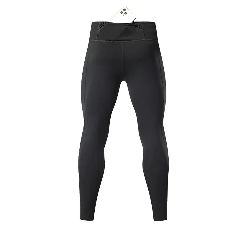 Tight sporty men's leggings with back pocket in black, perfect for running and sports, made from nylon and polyester for comfort.