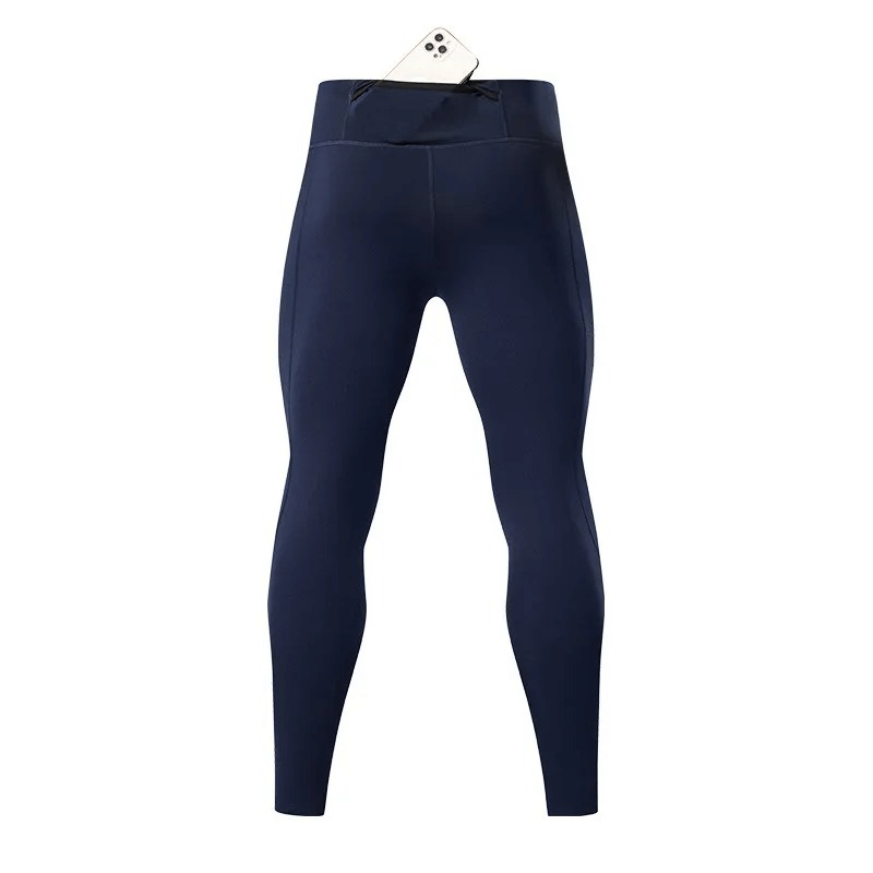 Men's tight sporty leggings with back pocket, perfect for running, made from nylon and polyester, featuring a slim fit design.