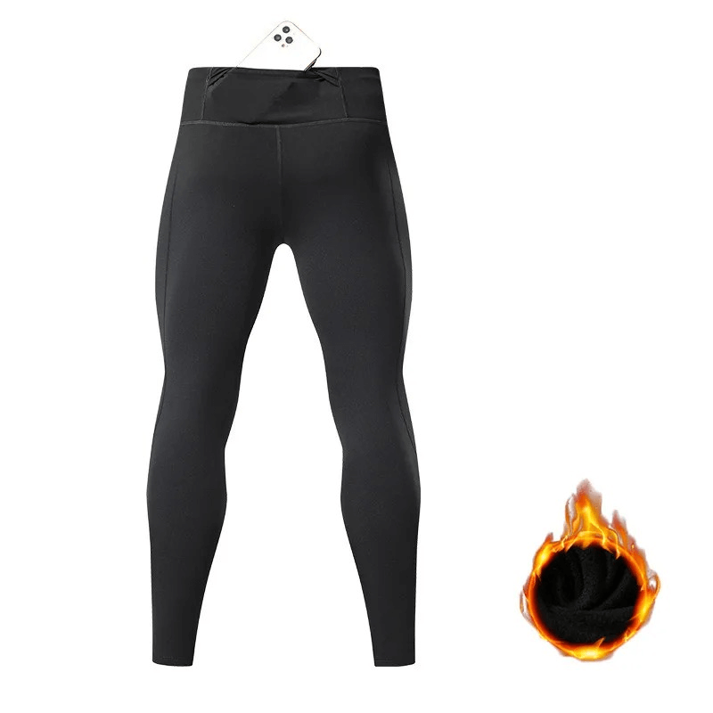 Black tight sporty men's leggings with back pocket and phone, made from high-performance fabric for sports and running.