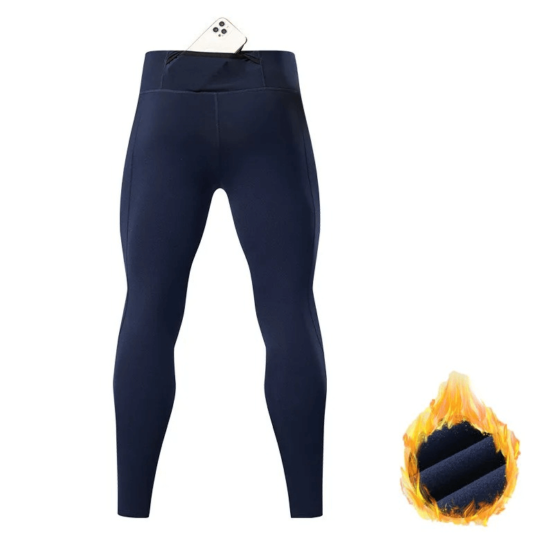 Navy tight men's leggings with practical back pocket, perfect for sports and running, shown against a white backdrop.