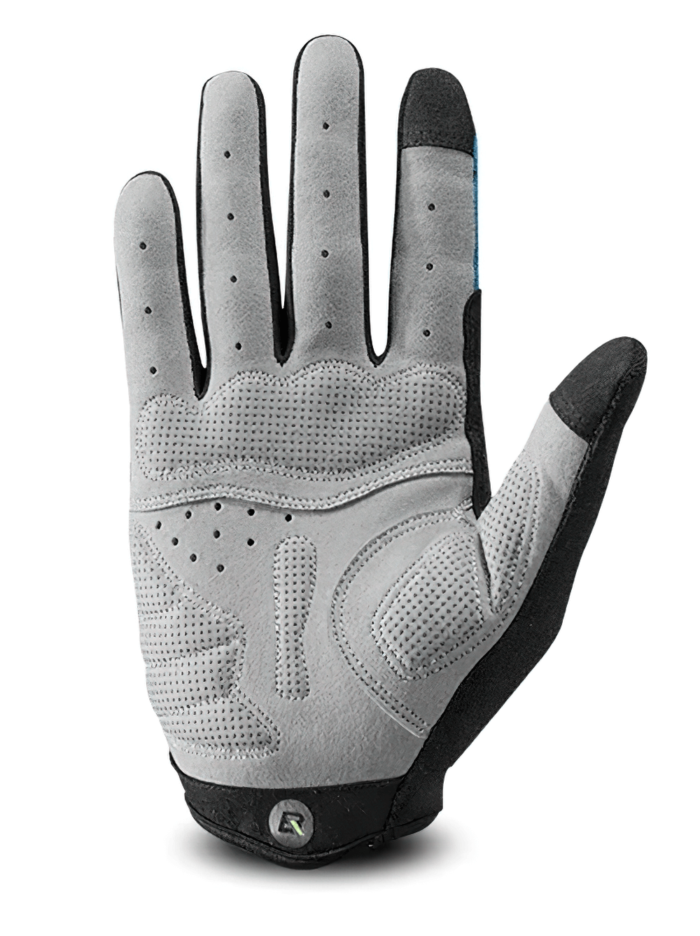 Touchscreen breathable cycling glove showing spider web grip design and shock-absorbing padding for enhanced bike handling.