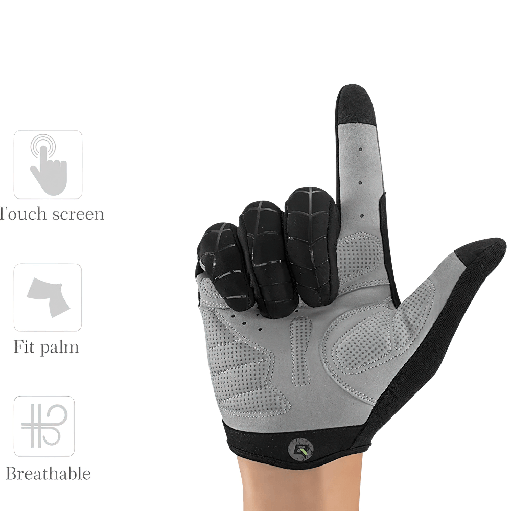 Touchscreen breathable cycling gloves with anti-slip grip and adjustable fit designed for secure handling during rides.