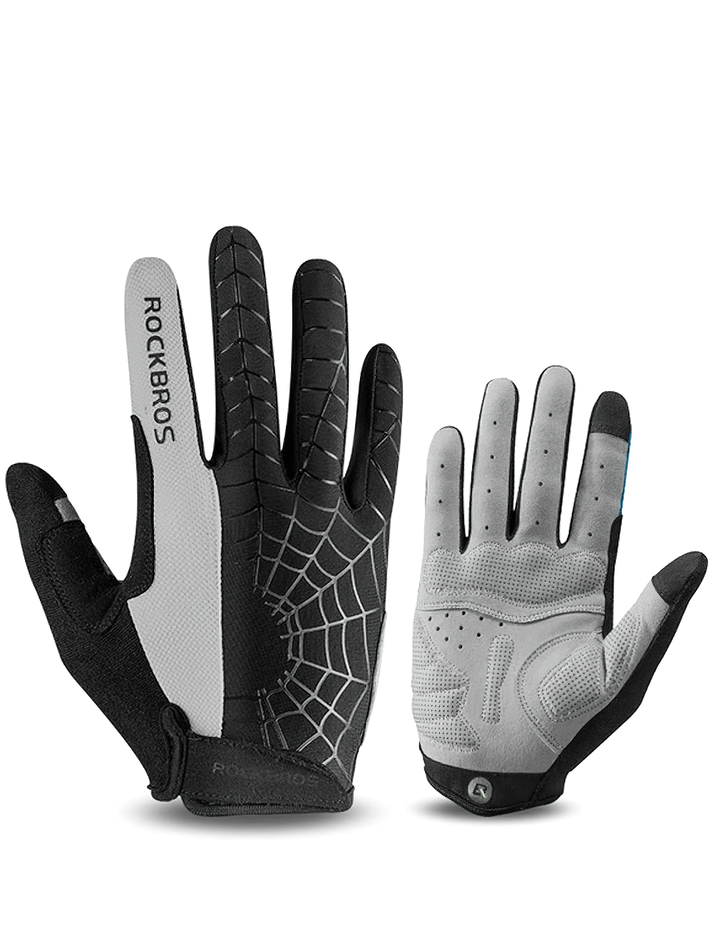 Touchscreen breathable cycling gloves with spider web design, anti-slip grip, shock-absorbing palm padding, and adjustable wrist strap.