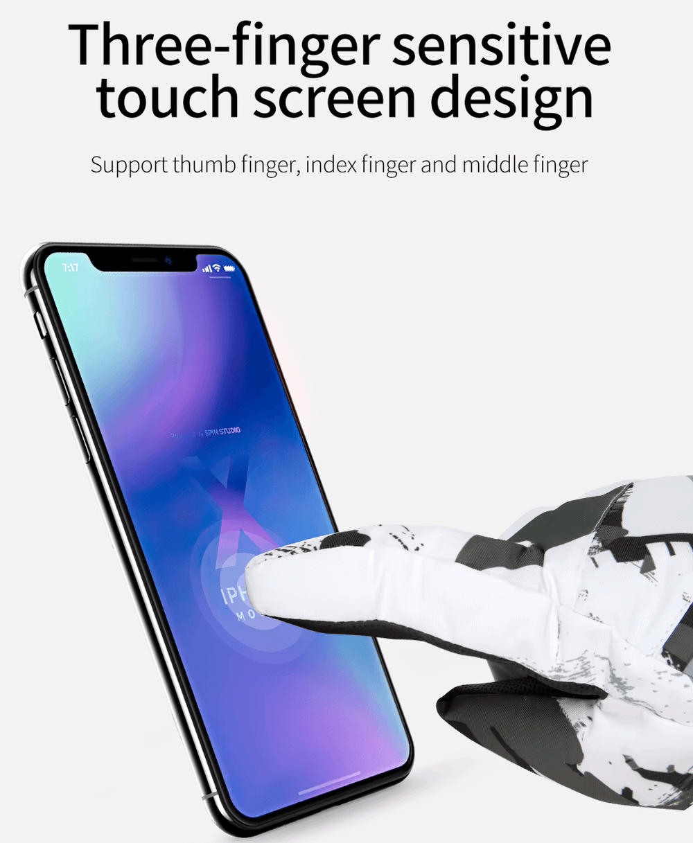 Touchscreen waterproof ski gloves using smartphone with three-finger compatibility.
