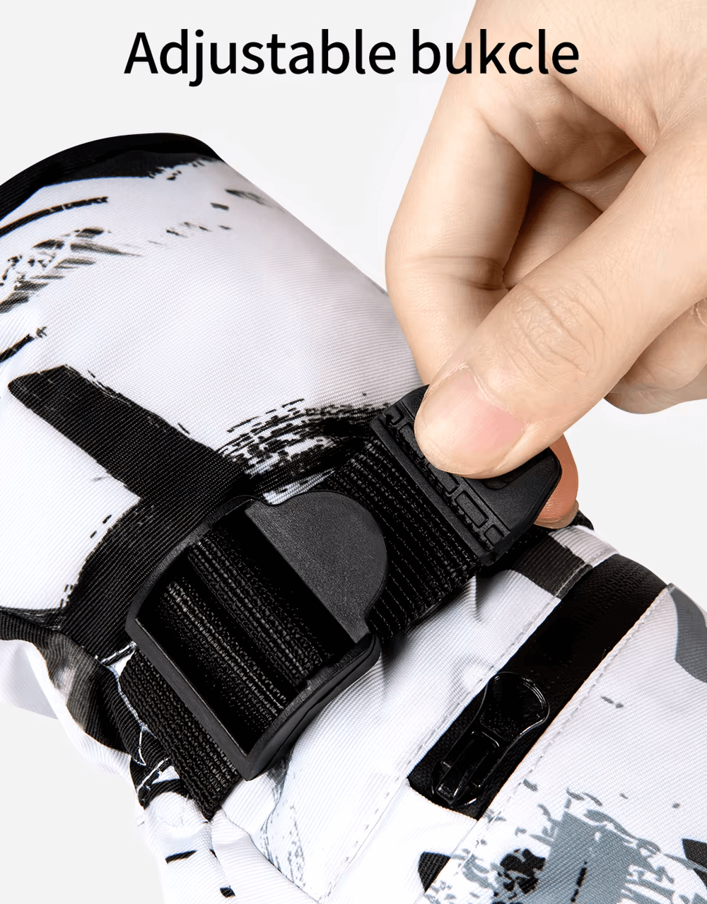 Close-up of touchscreen waterproof ski glove with adjustable buckle for secure fit, emphasizing durability and winter warmth.