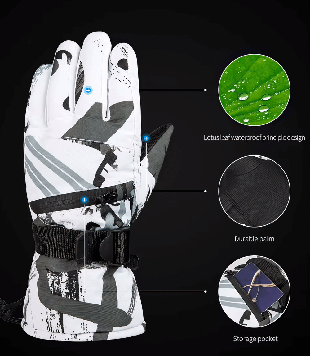 Touchscreen waterproof ski gloves showcasing lotus leaf design, durable palm, and storage pocket with anti-loss wrist strap, perfect for winter.