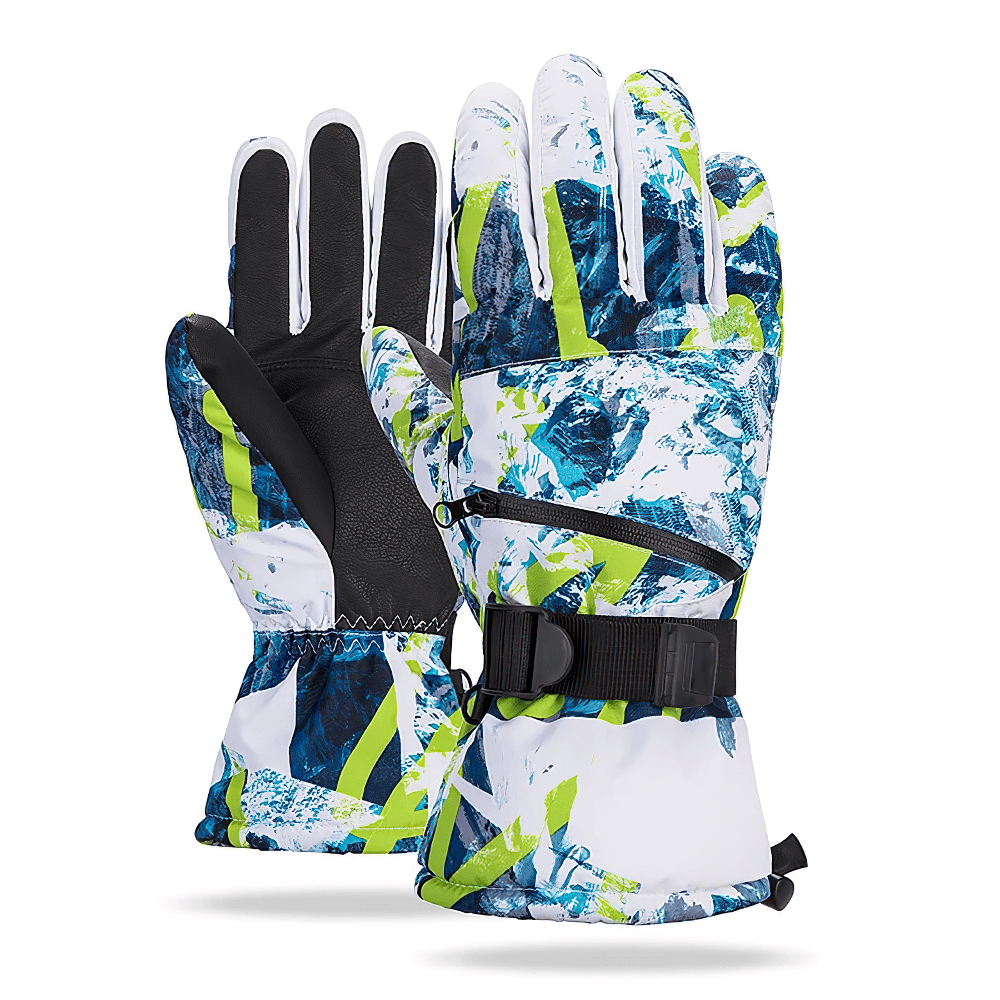 Touchscreen waterproof ski gloves SF2556 with vibrant design, anti-loss wrist straps, and storage pocket for winter sports.