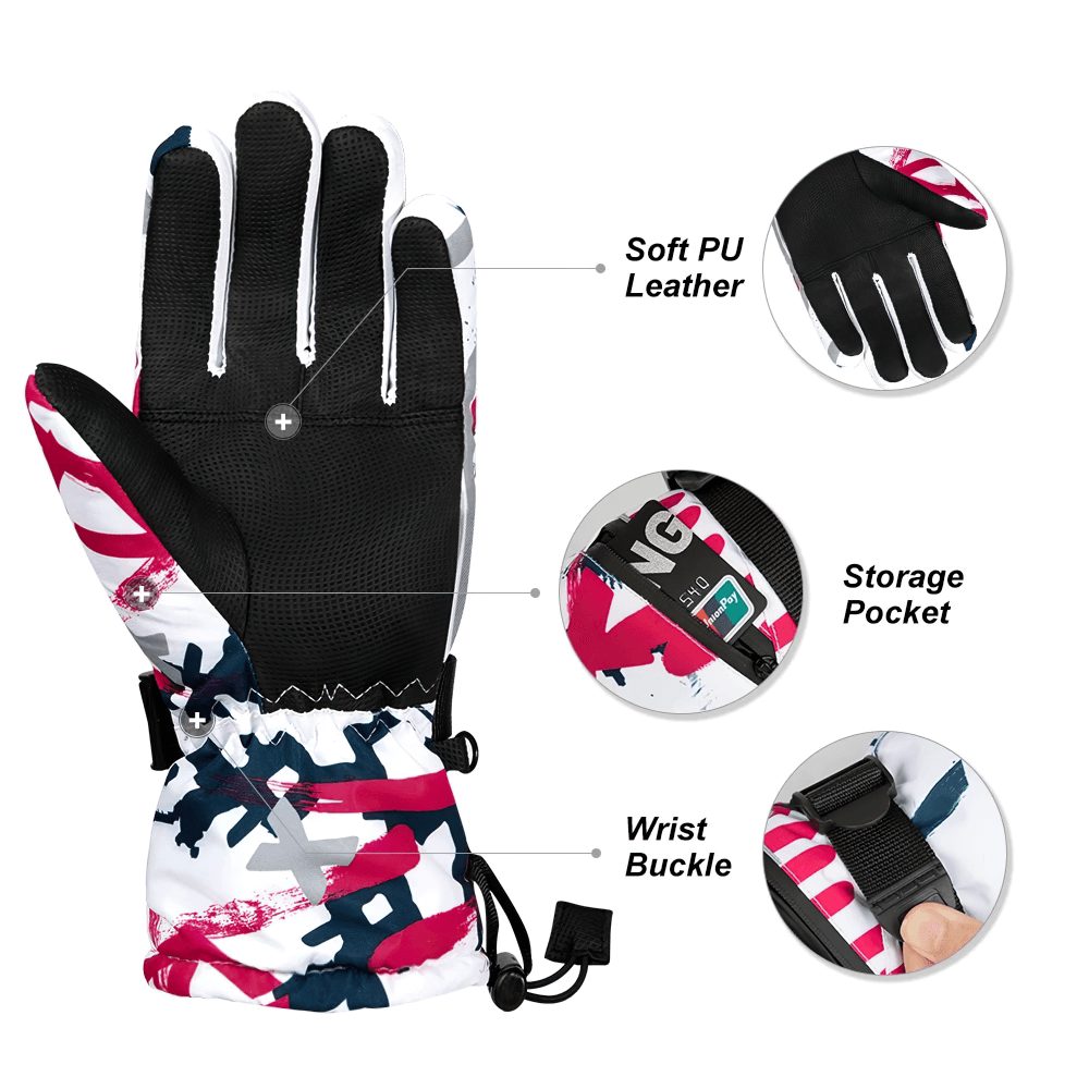 Touchscreen waterproof ski gloves with soft PU leather, anti-loss wrist straps, and zippered storage pocket, perfect for winter sports.