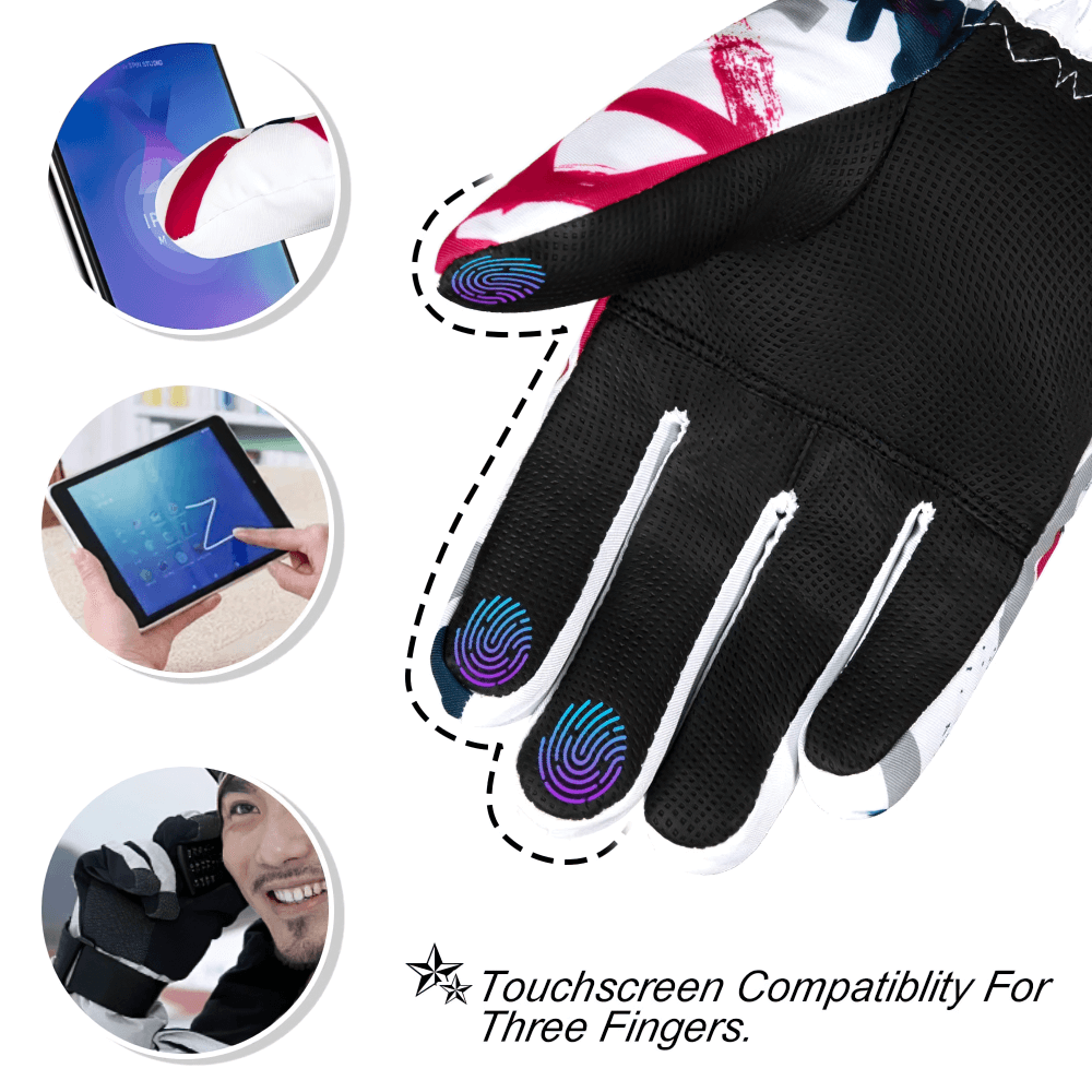 Touchscreen waterproof ski gloves SF2556 with anti-loss wrist strap and storage pocket for winter sports.