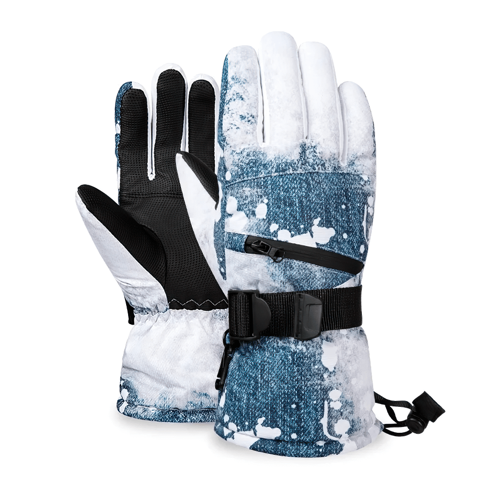 Waterproof touchscreen ski gloves SF2556 with zip pocket and wrist straps, designed for warmth and device use in winter sports.