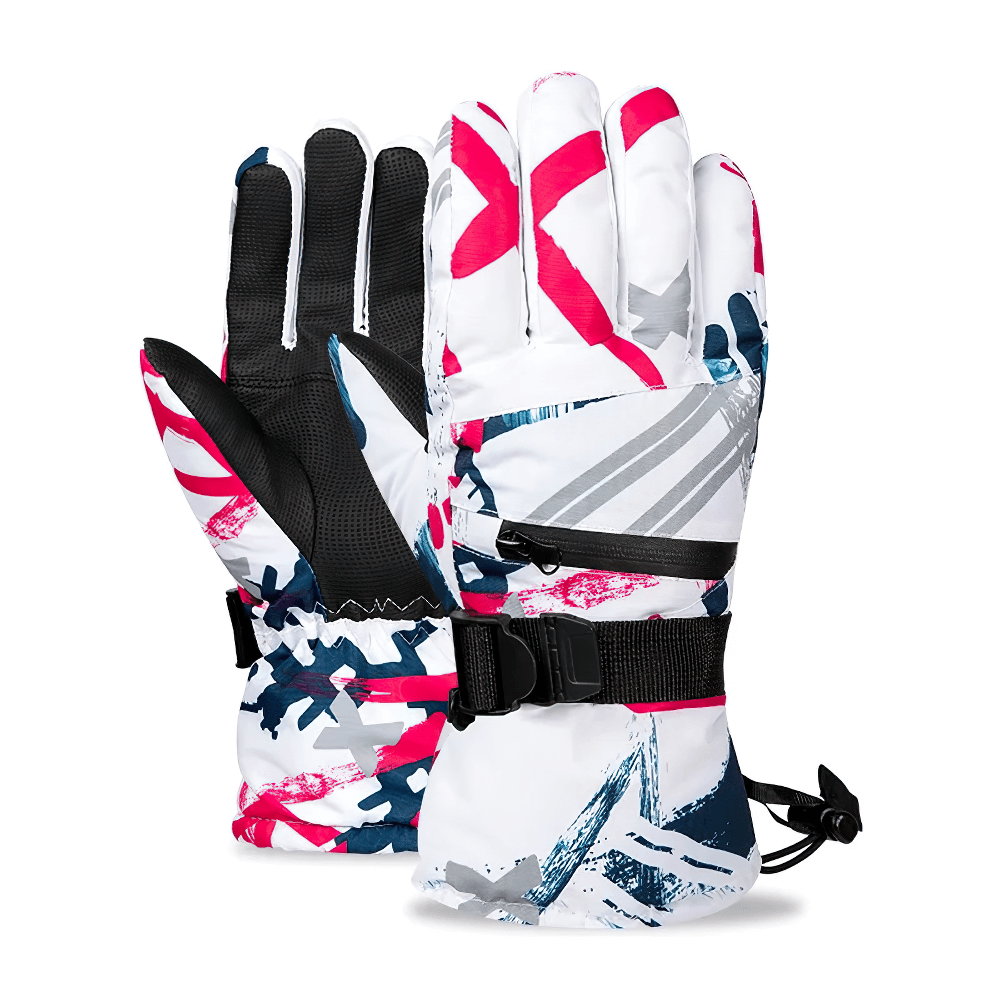 Colorful waterproof touchscreen ski gloves with wrist straps and pocket, ideal for winter sports. Model SF2556.