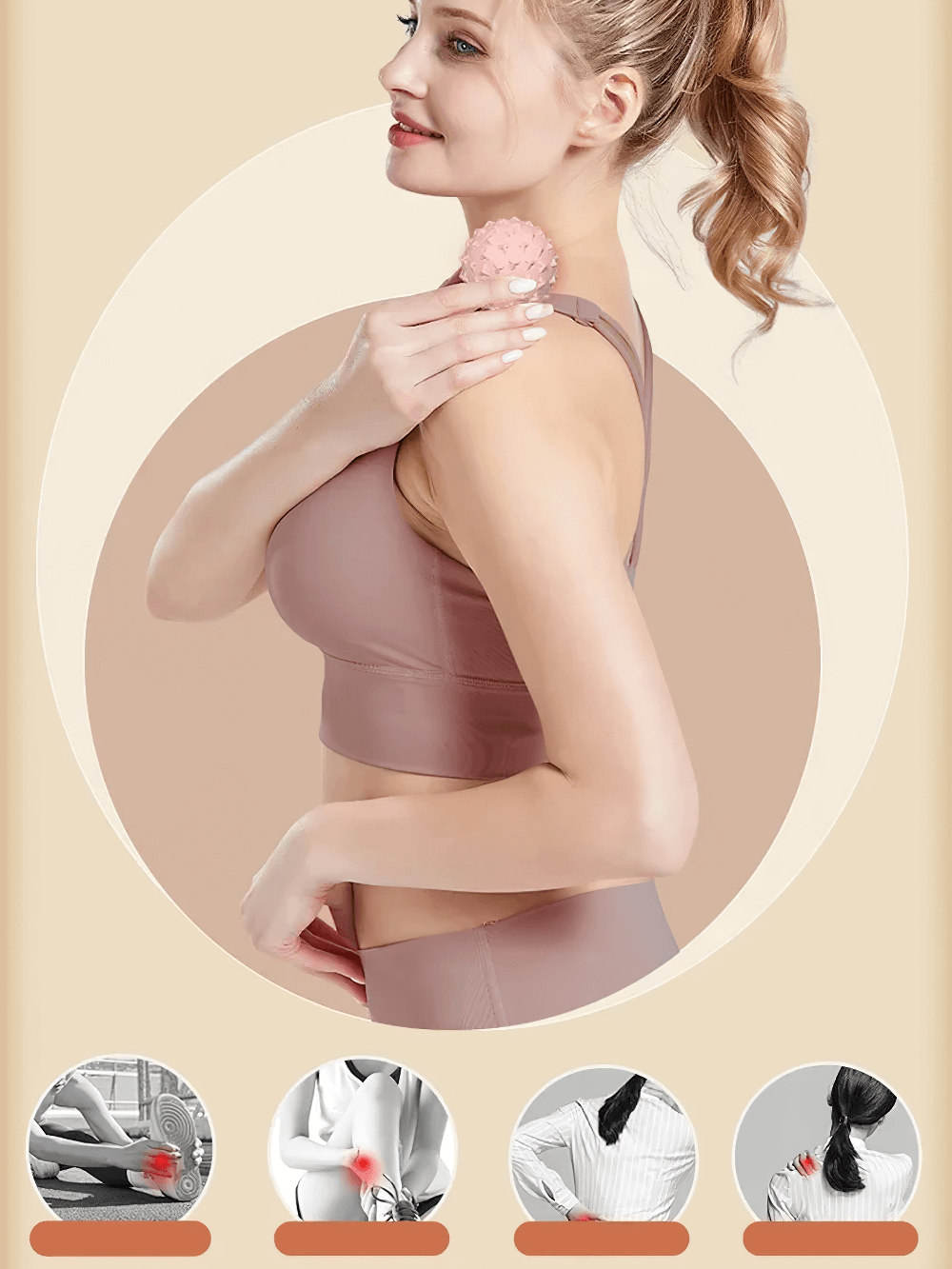 Woman using TPE mini yoga massage ball on shoulder for muscle relaxation and trigger point relief, fitness recovery