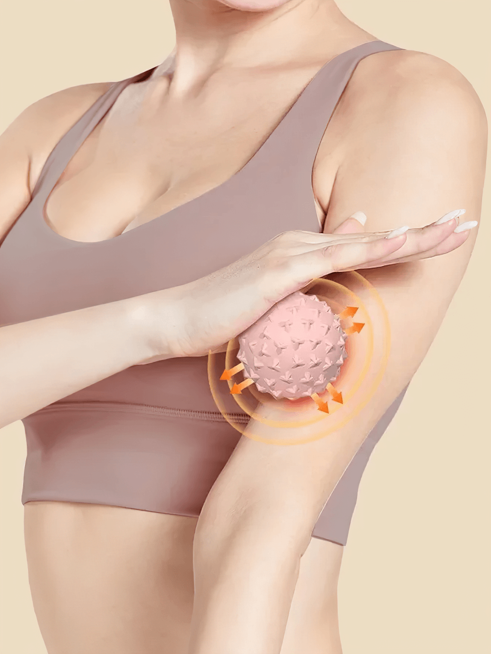 Woman using TPE Mini Yoga Massage Ball on arm for muscle relaxation and trigger point massage, boosting blood circulation and flexibility.