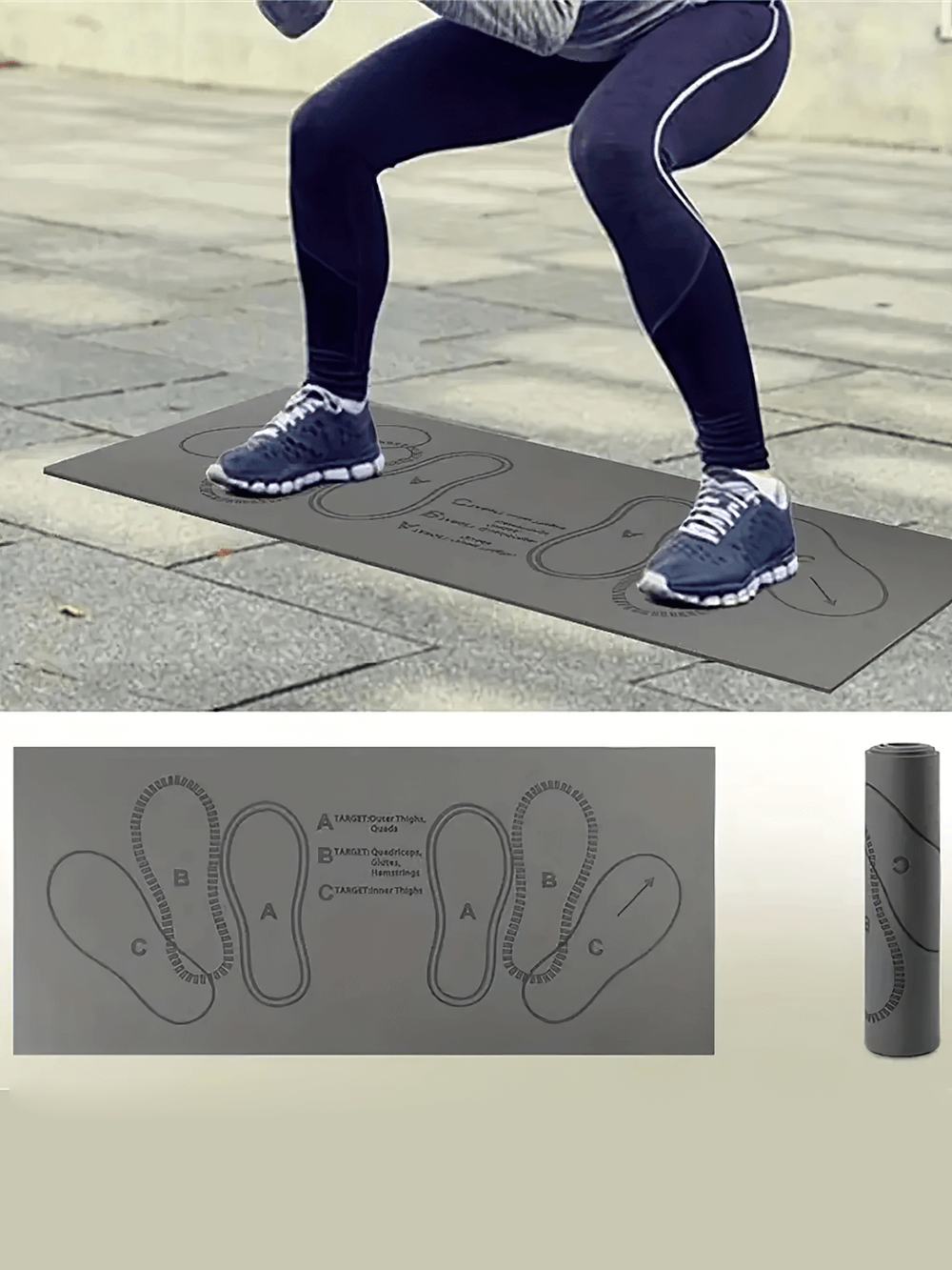 Person demonstrating squats on TPE squat mat with foot placement guides, ideal for leg and glute workouts. Non-slip surface and portable design.