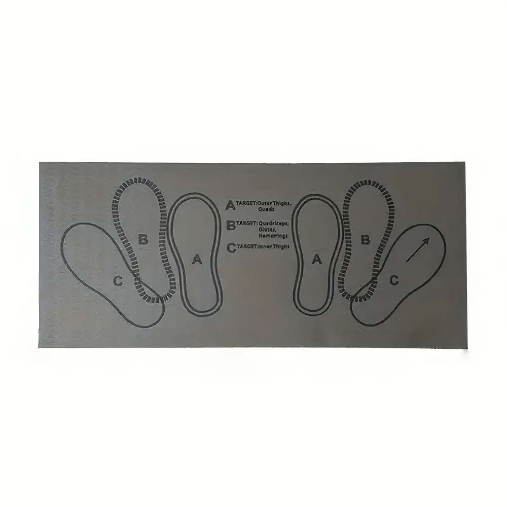 TPE squat mat with marked foot placements for leg and glute workouts, featuring non-slip surface for stability and support.