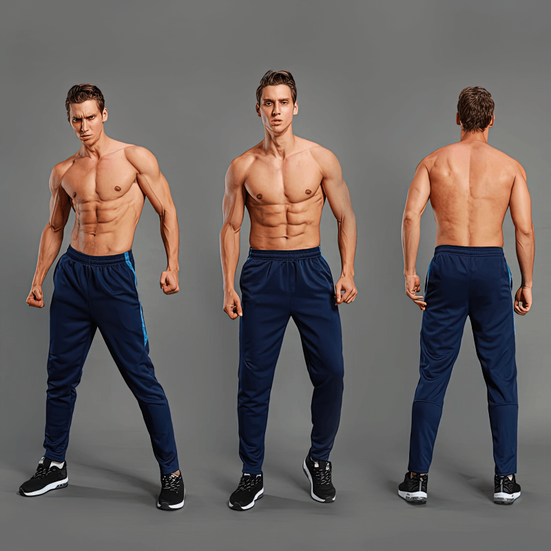 Three views of Training Breathable Elastic Men's Running Pants SF1356, showcasing comfort, style, and superior mobility.