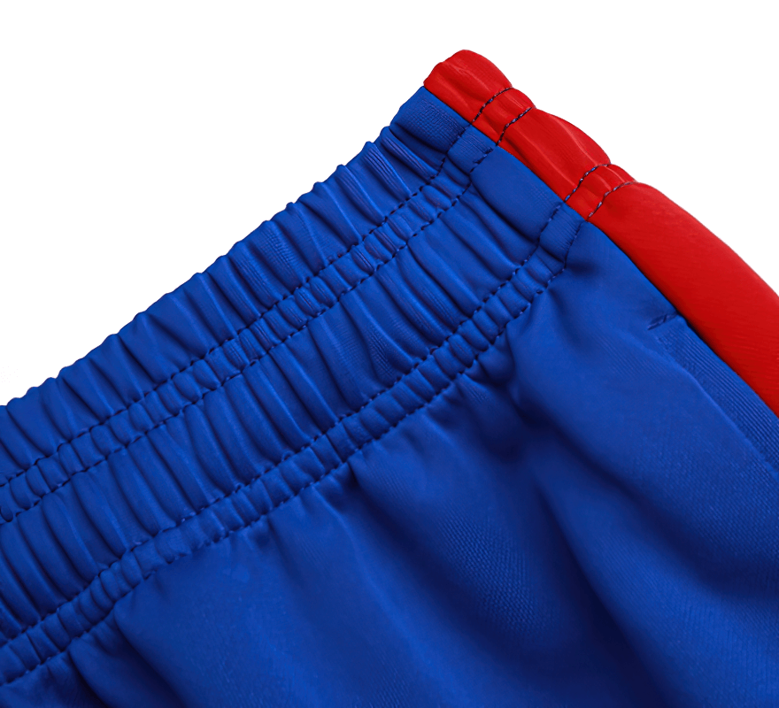 Close-up of blue elastic waistband with red accents on men's breathable running pants, SF1356.
