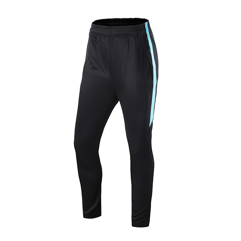 Training Breathable Elastic Men's Running Pants SF1356 in black with blue stripe, ideal for comfort and mobility during workouts