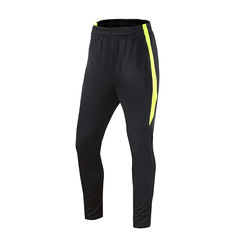 Black men's running pants with neon stripe, breathable and elastic design for superior mobility, ideal for serious runners. SF1356