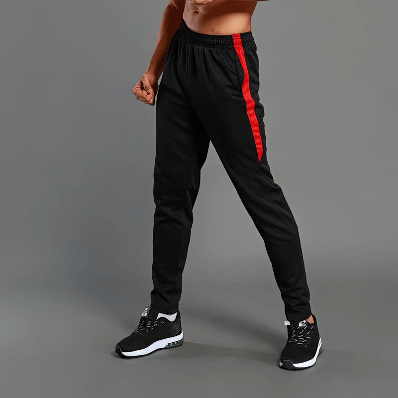 Training Breathable Elastic Men's Running Pants SF1356, black with red stripe, ideal for comfort and mobility in running.