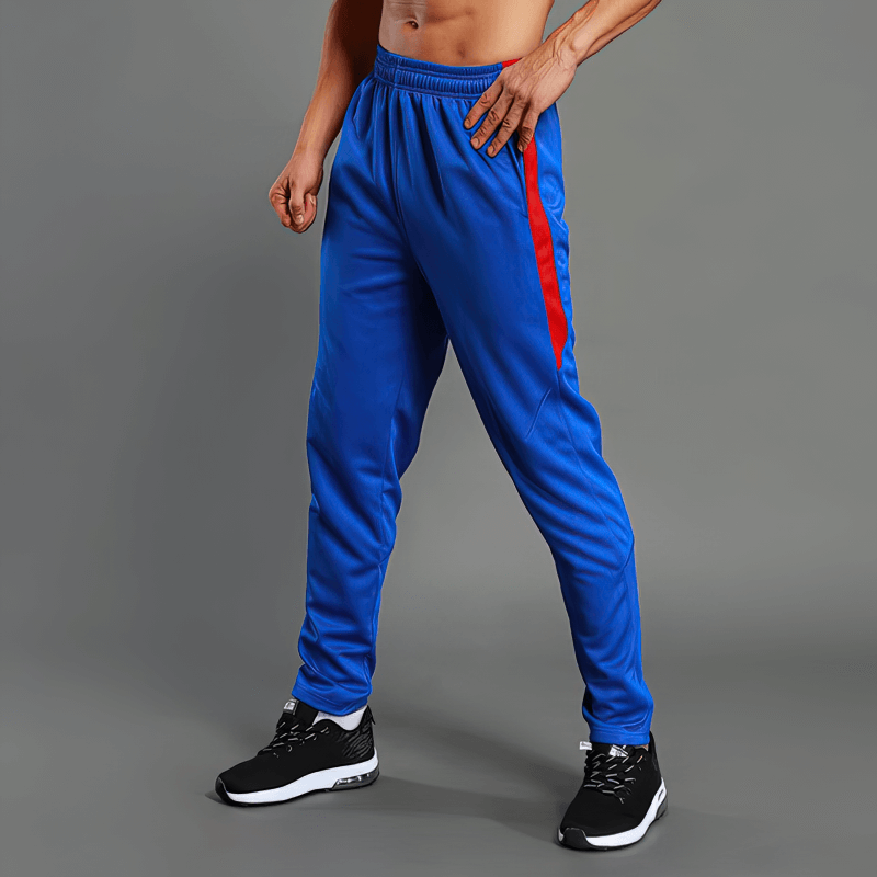 Training Breathable Elastic Men's Running Pants SF1356 in blue with red stripe, showcasing stretch and comfort for fitness enthusiasts.