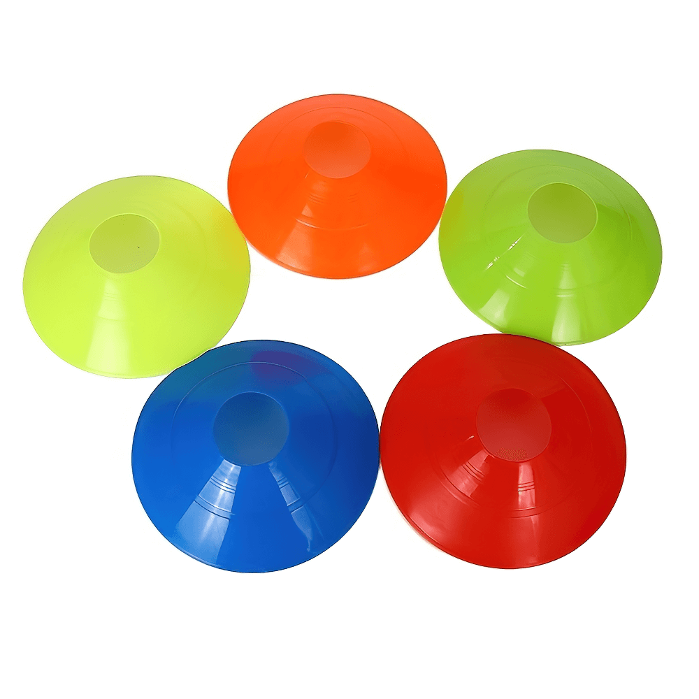 Colorful training cone set for sports agility drills, includes five durable marker discs in vibrant colors for enhanced visibility.