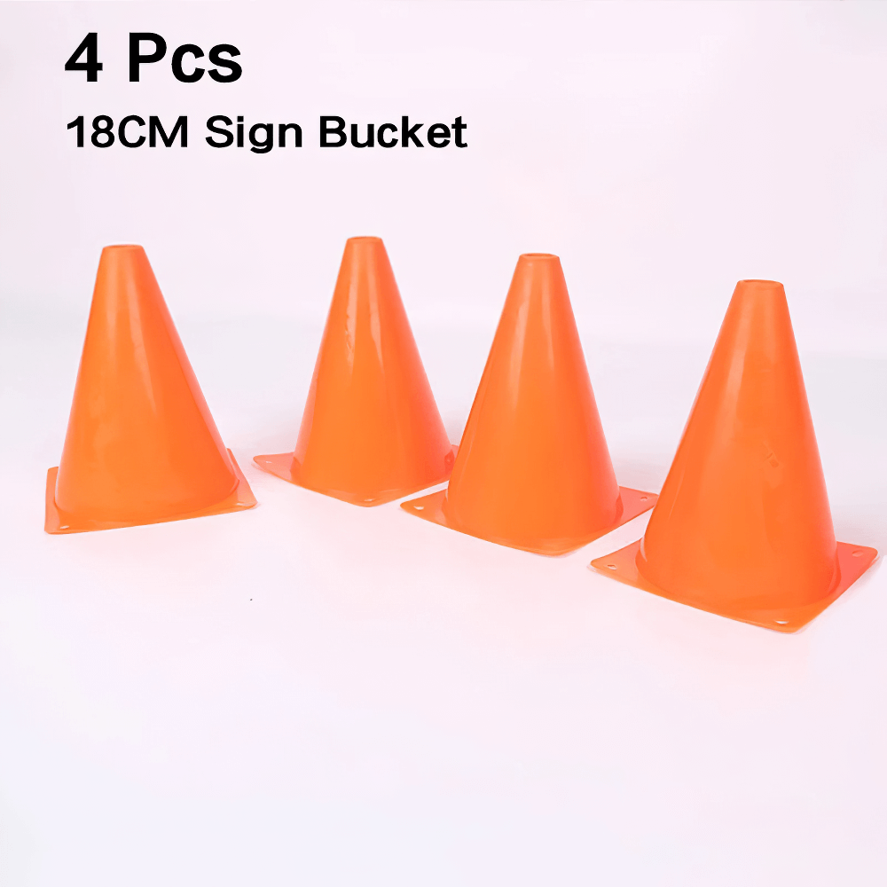 Four orange 18cm training cones for sports and agility drills, made from durable PVC with a stable base for soccer and various training.