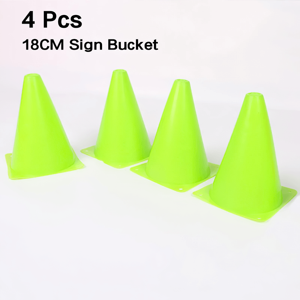 Alt Tag: Set of 4 green training cones, 18cm height, ideal for agility drills and sports training, pressure-resistant PVC.