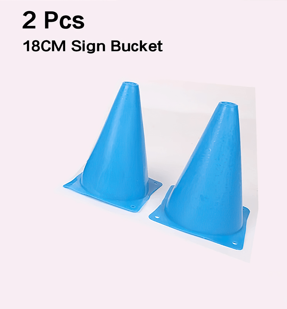 Two blue 18cm training cones for sports and agility drills, made from durable PVC, lightweight and pressure resistant.