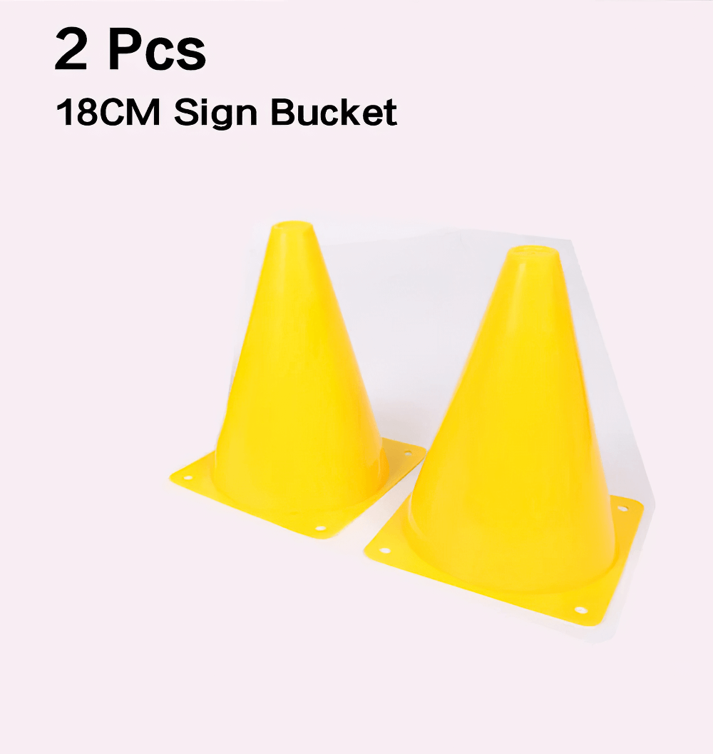 Yellow training cones set, each 18 cm tall, perfect for soccer and agility drills. Pressure-resistant with a stable base, ideal for sports training.