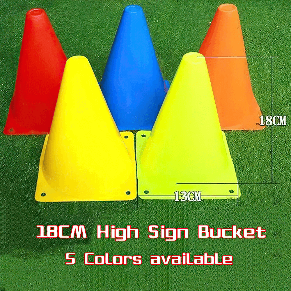 Multi-color 18cm training cones for soccer and agility drills, durable PVC, high visibility, stable base, five colors available.