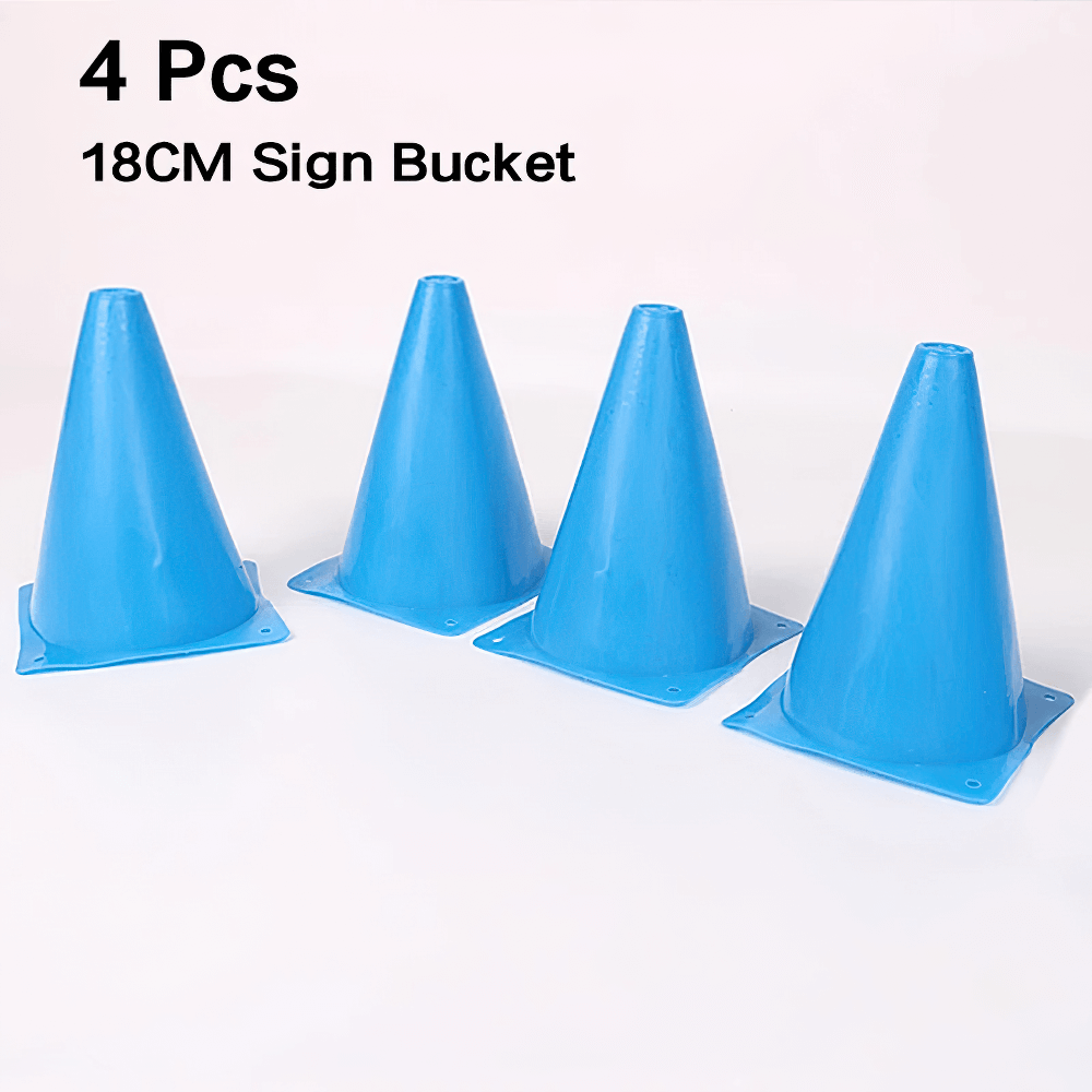 Set of four blue training cones for sports and agility drills, 18 cm tall, ideal for soccer training, durable PVC material.