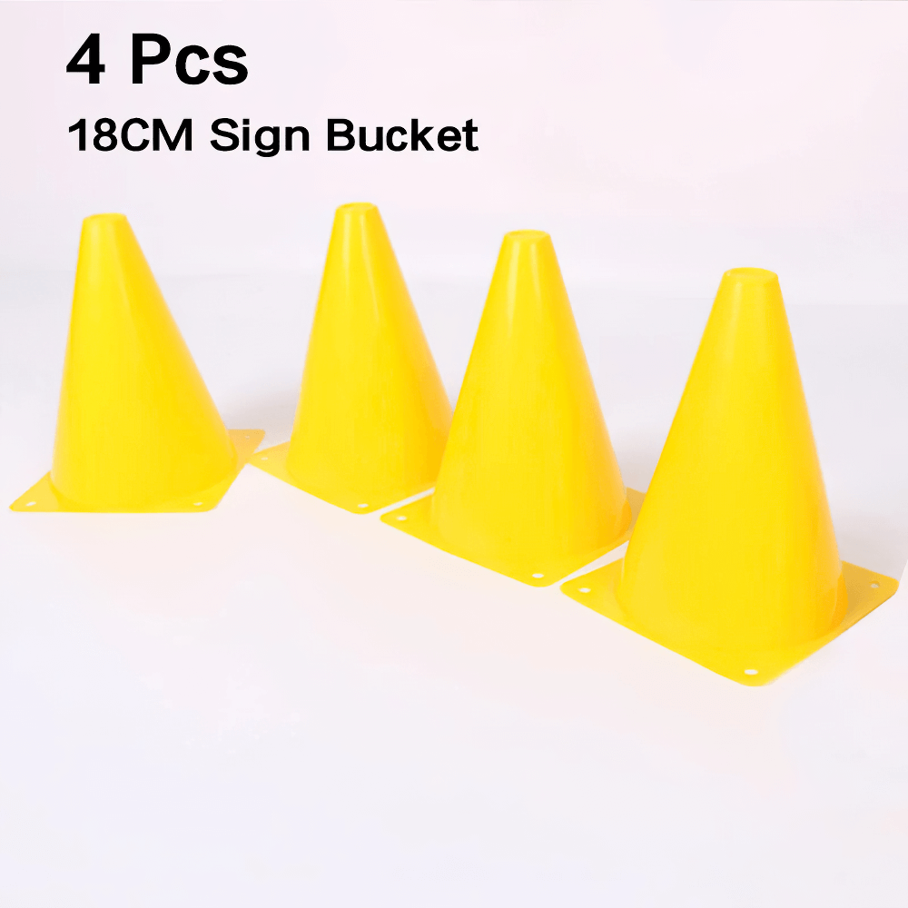 Four yellow 18 cm training cones for agility drills and sports, made from durable PVC with a stable base, perfect for speed and coordination.