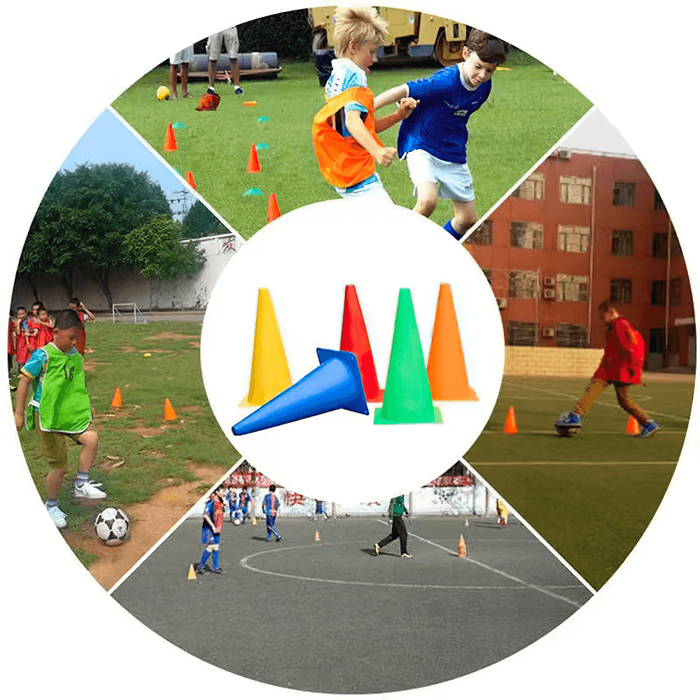 Kids using colorful training cones for soccer and agility drills. Enhances speed, coordination, with durable PVC cones for sports training.