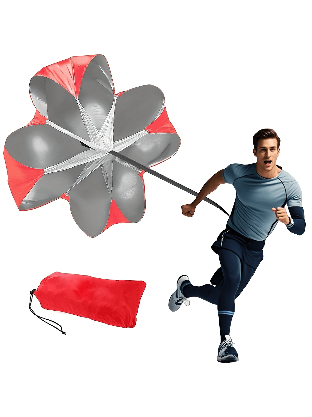 Man using resistance parachute SF2790 for sprint training with red carrying bag included, enhancing speed and power.