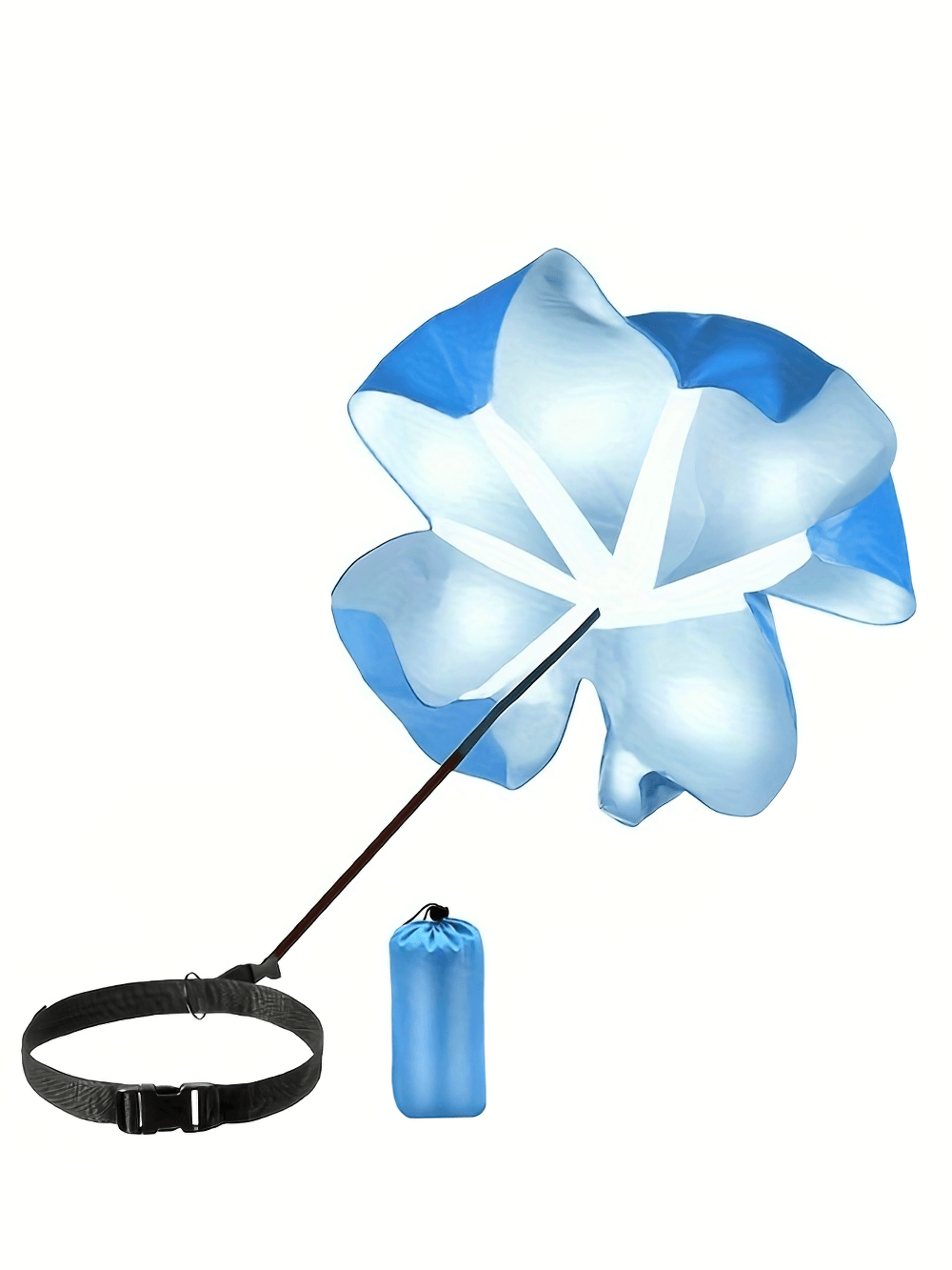 Blue training resistance parachute with adjustable belt for sprint and speed workouts, enhances agility and leg strength.