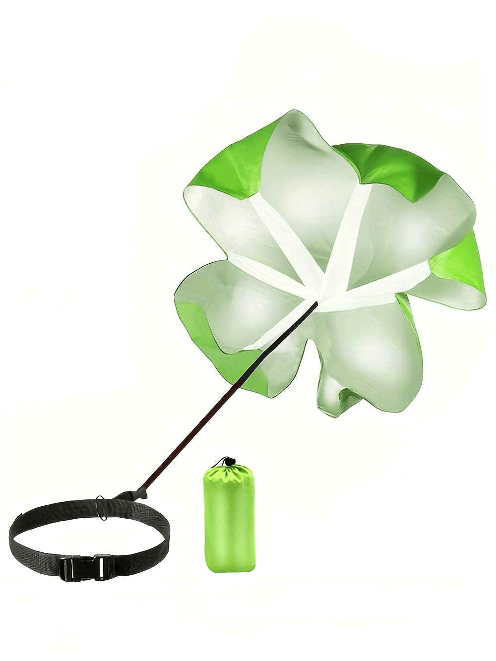 Green and white resistance parachute with adjustable belt for sprint drills, enhancing speed and power in athletics training.