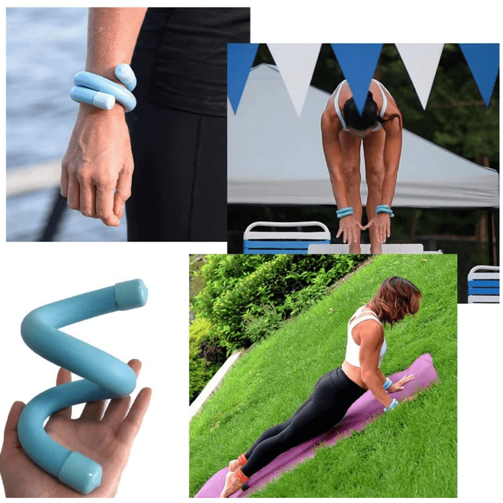 Wearable adjustable wrist and ankle weights for yoga and workouts, shown in various exercise settings. Waterproof design. SF3356 model.