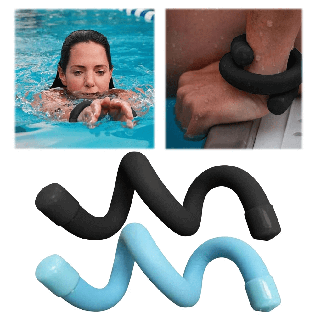 Woman swimming with waterproof wrist weights and close-up of adjustable weight bracelets in black and blue for yoga and home workouts.