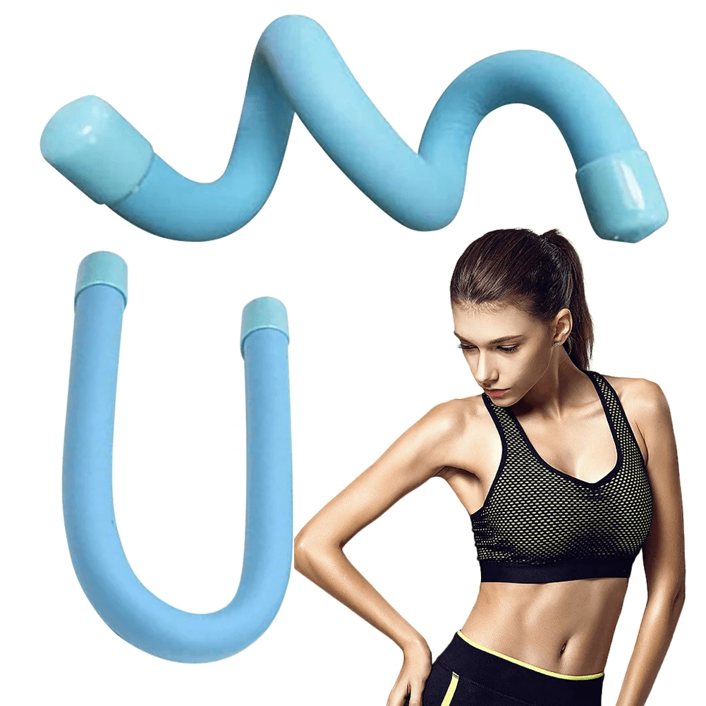 Blue flexible workout bracelet with woman exercising, ideal for yoga and home workouts, adjustable and waterproof.