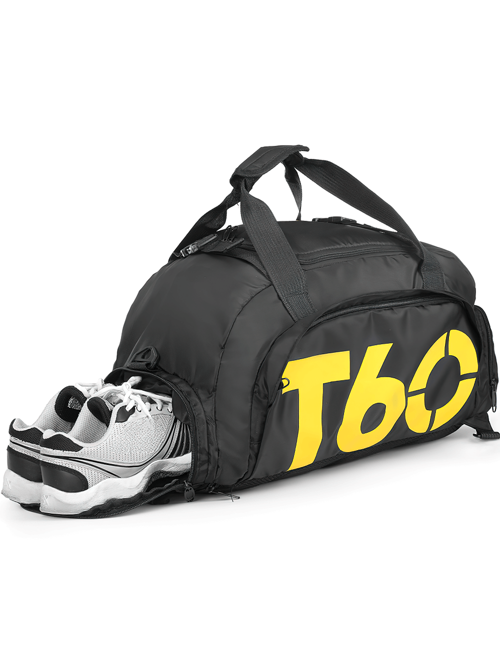 Transformable sports duffle backpack SF2651 with shoe compartment, black with yellow logo, ideal for travel and gym enthusiasts.