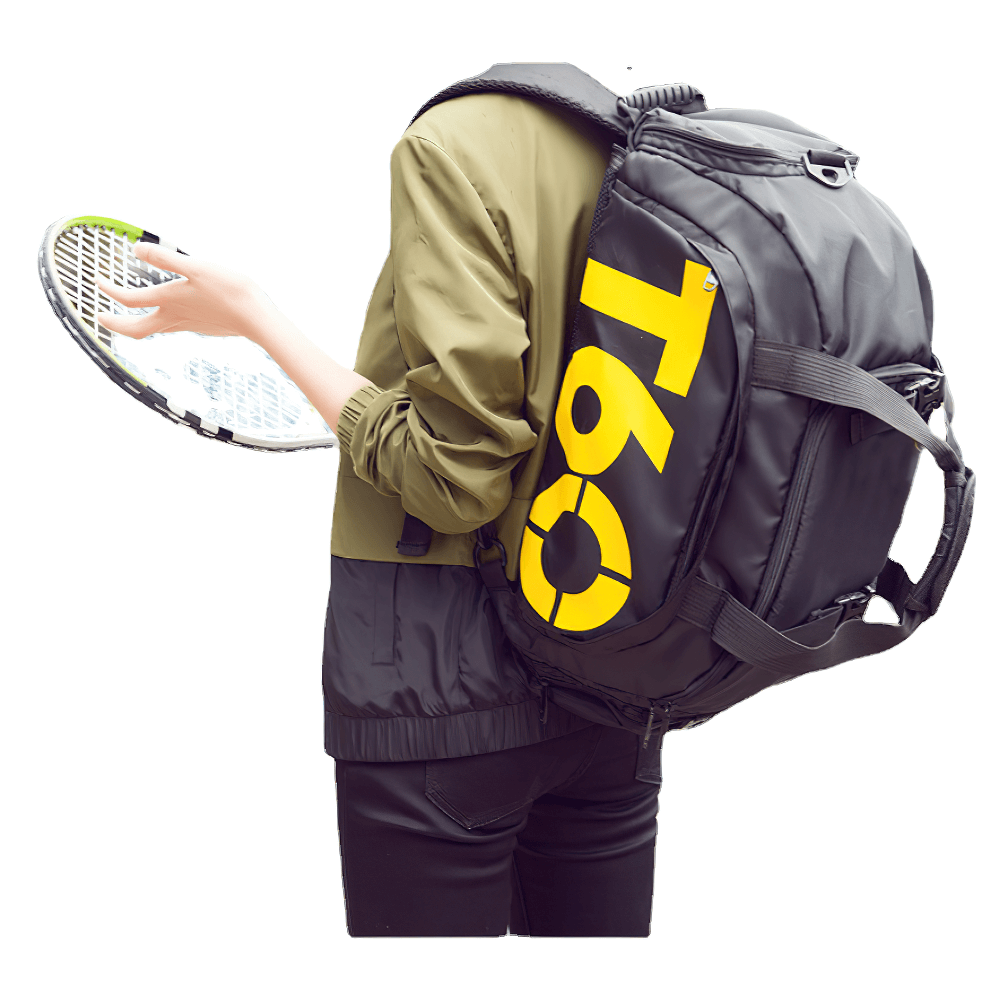 Person wearing a transformable backpack and shoulder bag SF2651, holding a tennis racket, ideal for gym and travel.